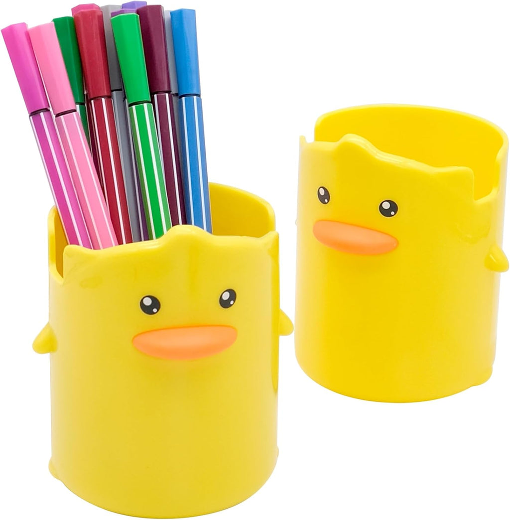 2 Pcs Pencil Holder for Kids, Cute Cartoon Little Yellow Duck Pen Holder, Multifunctional Phone Holder Makeup Brush Holder Stationery Storage Cup