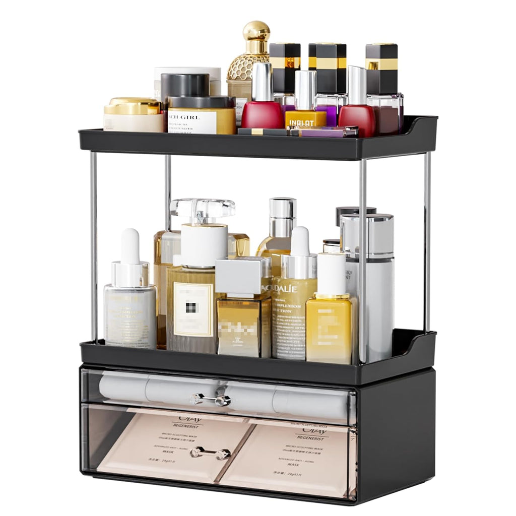 Yieach Acrylic Makeup Organizer Countertop,Large Skincare Organizer for Dresser Top,Plastic Bathroom Counter Organizers and Storage for Beauty,Cosmetic,Hair Products,Lotion and Perfume Organizer,Black