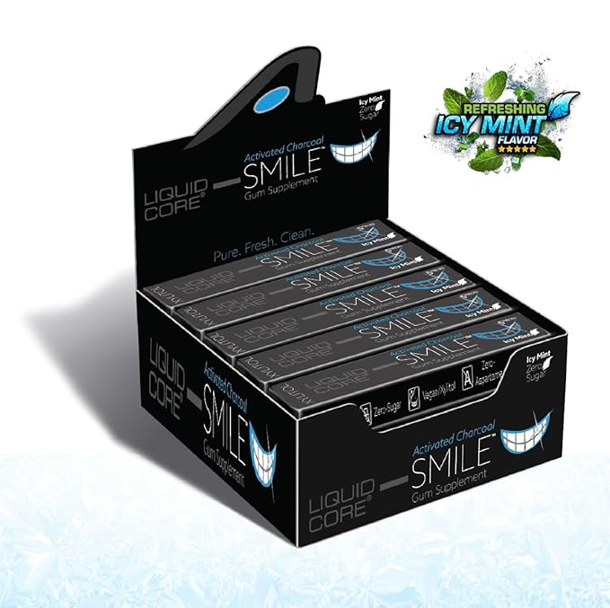 Liquid Core Smile Activated Charcoal Gum with MCT Oil, Hydroxyapatite, and Xylitol – Teeth Cleaning Gum, Icy Mint Sugar-Free Gum (15 Pack)