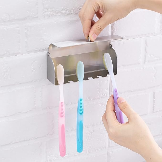 6-Slot Stainless Steel Toothbrush Holder with Cover - Wall Mounted, Dustproof, Self-Adhesive, Rustproof Bathroom Organizer for Toothbrush Storage (Silver)