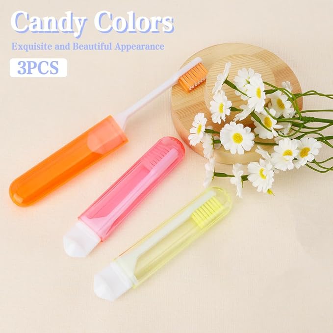 Travel Toothbrush, 3 PCS Mini Portable Toothbrush Set with Cover Small Folding Tooth Brush Individually Wrapped Home Travel Camping, Orange, Yellow, Pink