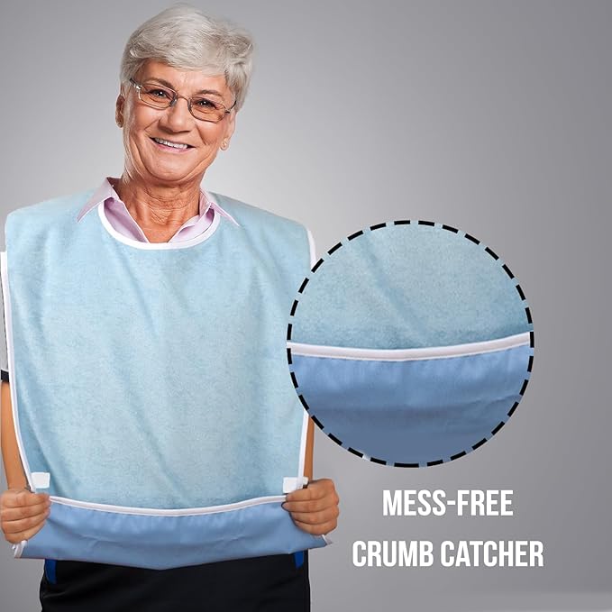 3 Pack Terry Cloth Bibs for Adults, Seniors, Special Needs, and Hospice or Personal Care with Built-In Crumb Catcher and Clothing Protector, Washable and Reusable