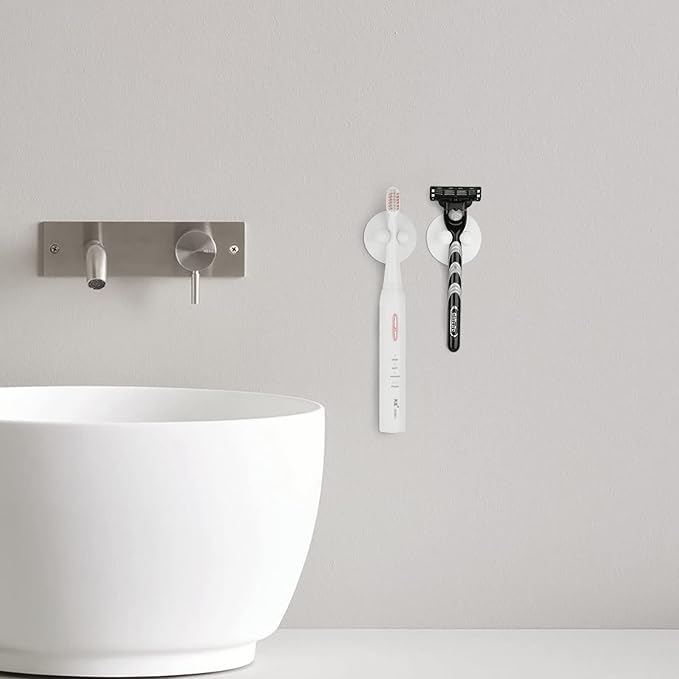 4 PCS Suction Cup Toothbrush Holder for Mirror, Electric Toothbrush Hanger Wall Mounted for Bathroom, Waterproof Multifunctional Hook for Towel, Key and Razor White