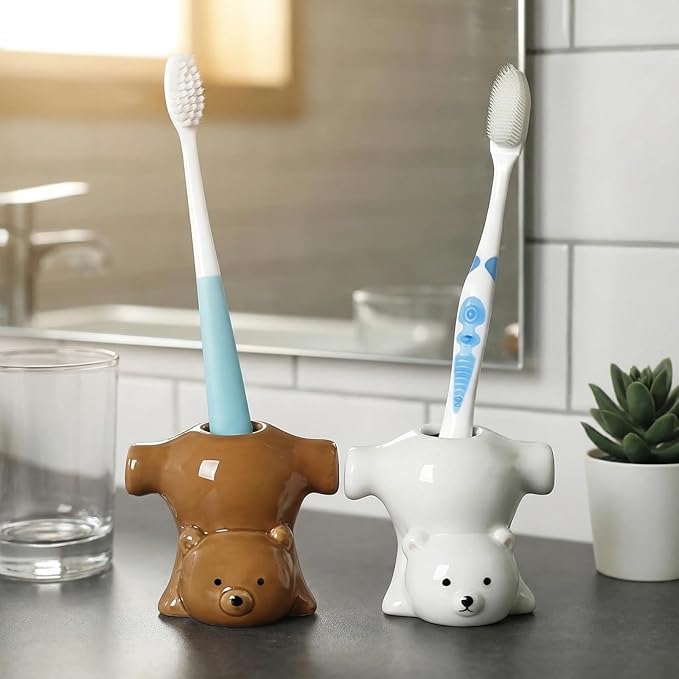 2 Pack Ceramic Toothbrush Holders, Cute Animal Tooth Brush Holder Bathroom Accessories Organizer Multipurpose Storage Organizer Vanity Countertops Cotton Swabs Holder