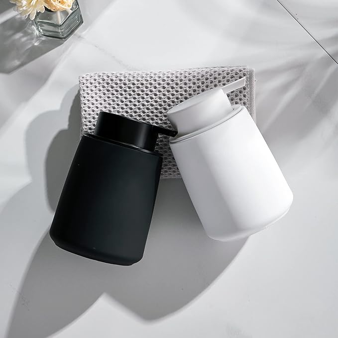 12Oz Black Soap Dispenser - Modern Ceramic Lotion Hand Soap Dispenser with Easy-to-Press Black Pump, Reusable and Refillable Liquid Dish Soap Dispensers for Bathroom, Kitchen (Rubber Paint)