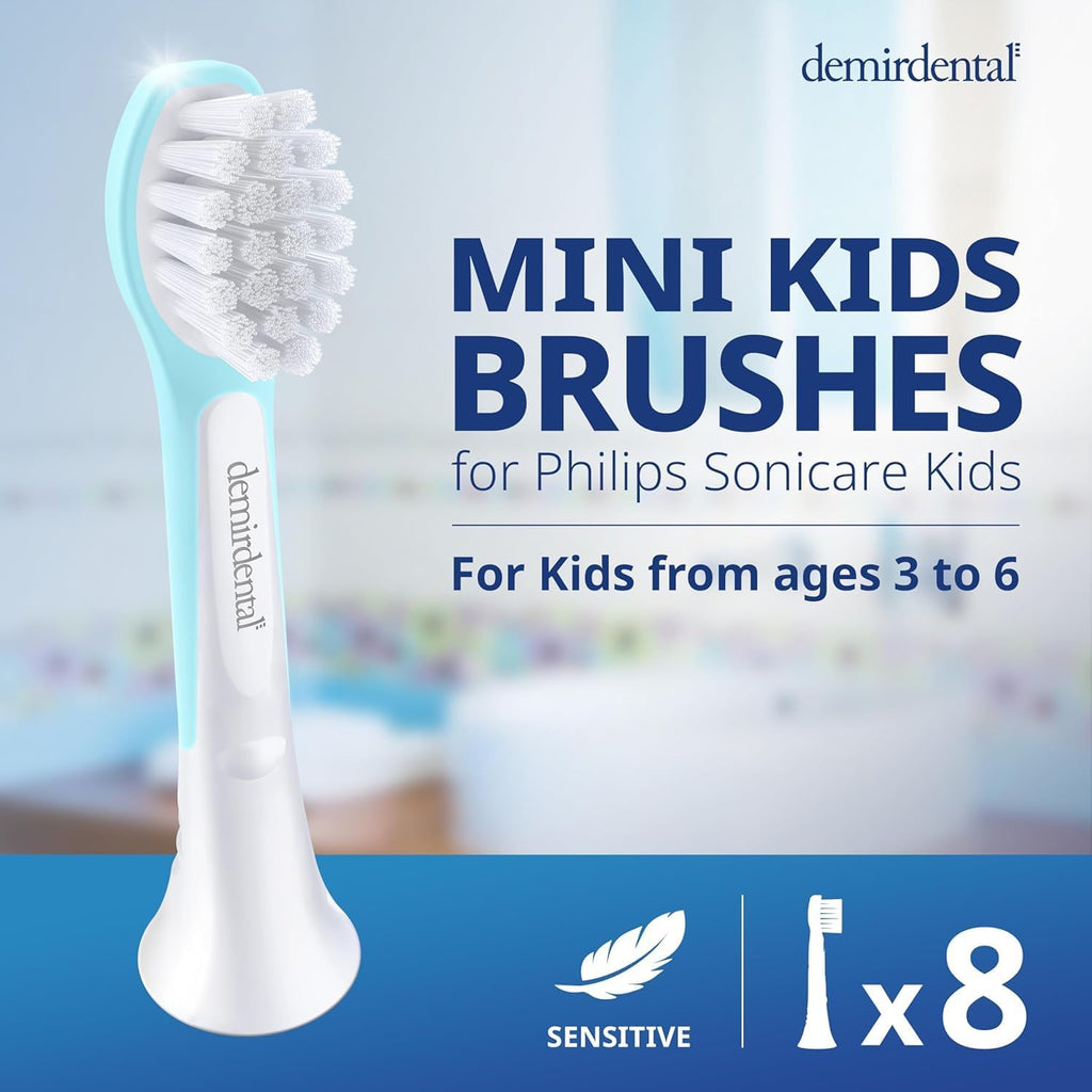 demirdental Kids mini Toothbrush Heads Compatible with Philips Sonicare Kids Toothbrush Heads - Replacement Heads mini Sensitive - Brush Heads from Ages 3 to 6 - Turquoise - Replaces HX6038-8 Pack