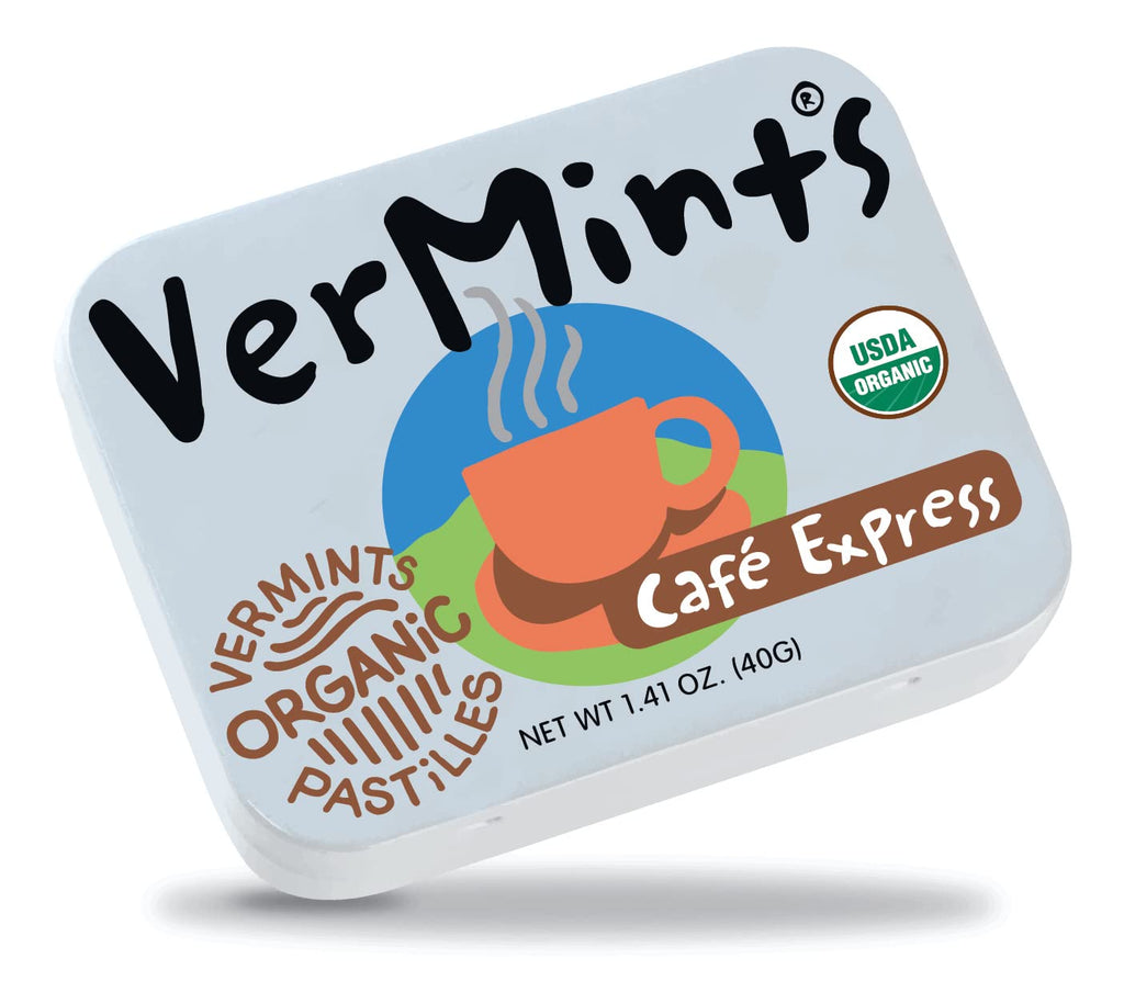 VerMints Organic Breath Mints Café Express - Real Ingredients, Lasting Coffee Flavor - Travel Size Tins - Non-GMO, Nut Free, Gluten Free, Vegan & Kosher Coffee Candy - 1.41oz Tins (Pack of 6)