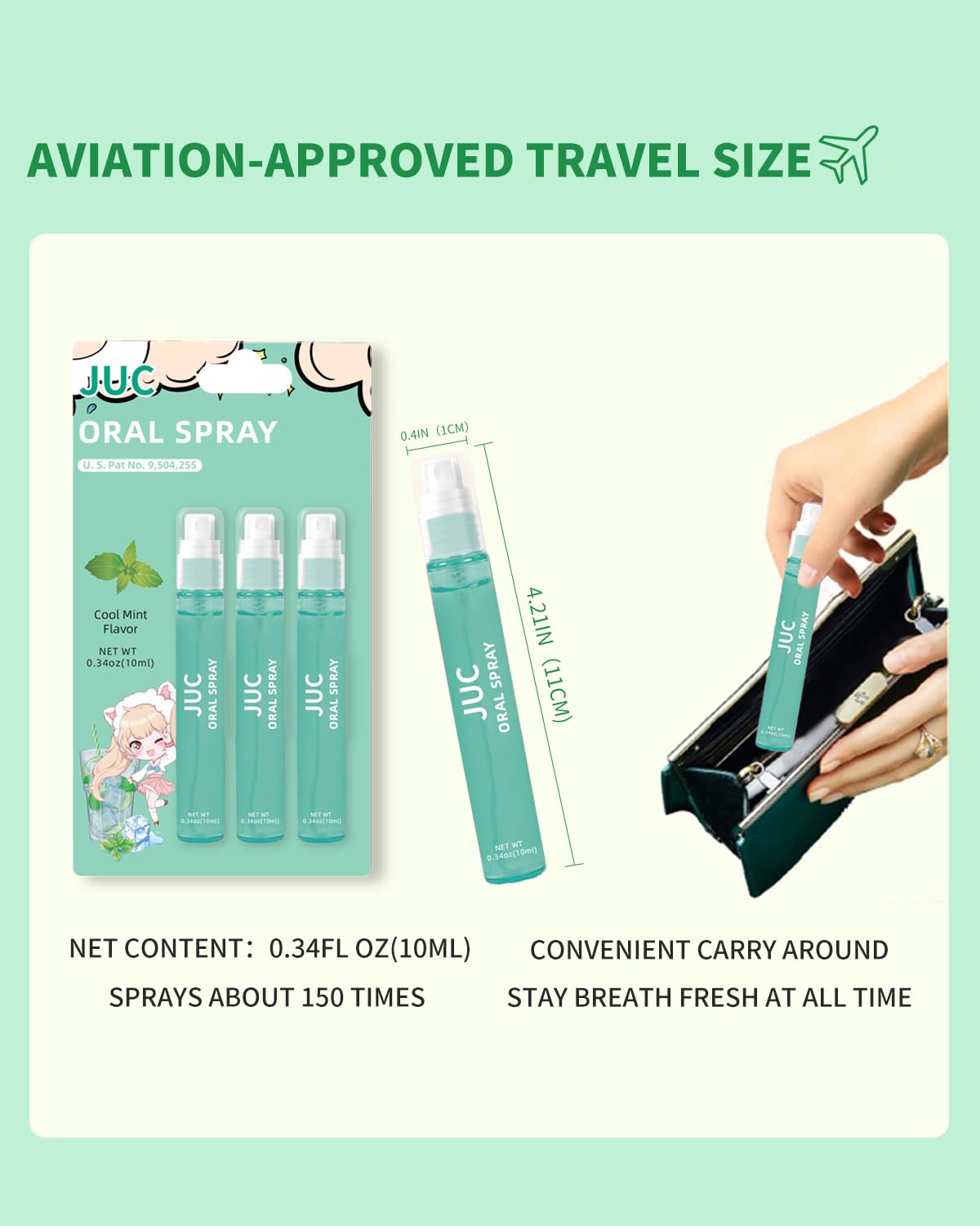 3 Count Mint Breath Spray Mouth Spray Breath Freshener Oral Care for All Ages 0.33OZ (10ML) Cool Mint Flavor