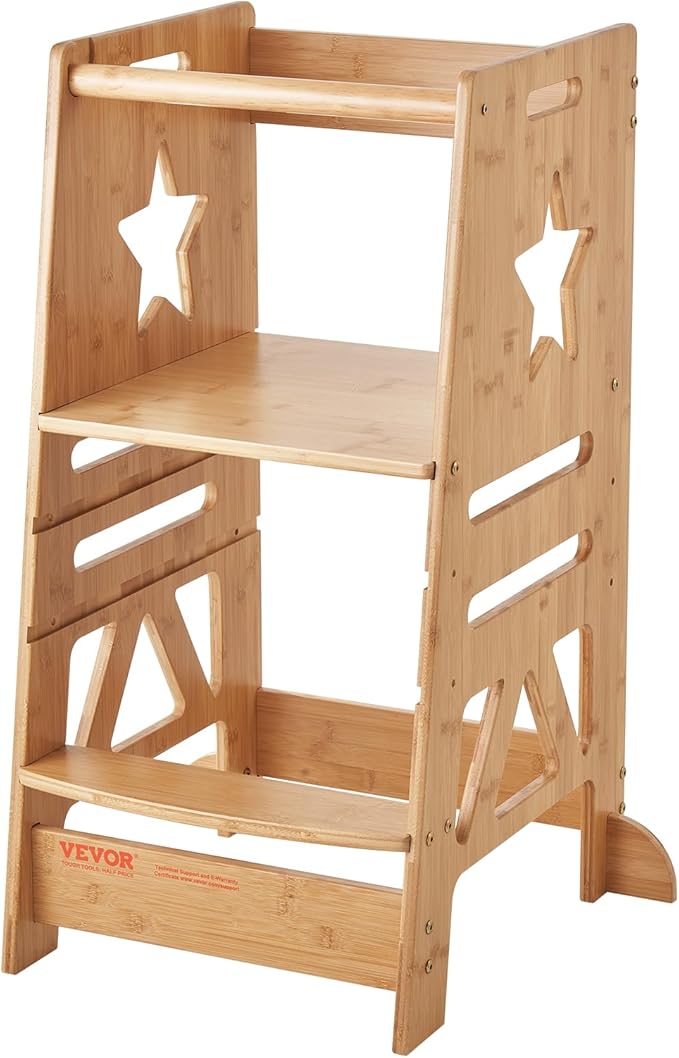 VEVOR Tower Step Stool, 3-Level Height Adjustable Toddler Step Stools for Kids, Bamboo Kitchen Stool, Kids Standing Tower Learning Stool with Safety Rail for Kitchen Counter Bathroom, 350LBS