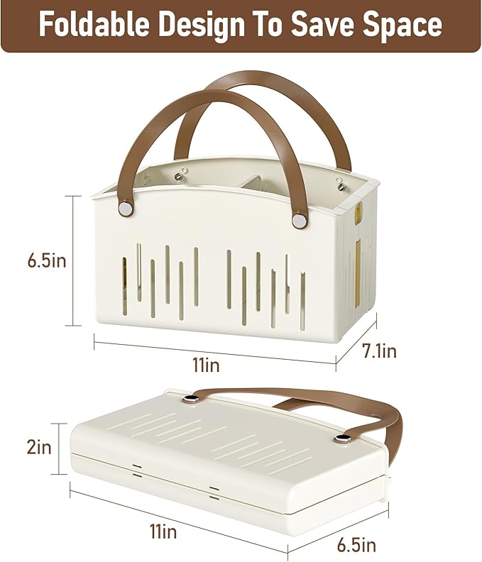 Delamu Portable Shower Basket Caddy with Double Handle Foldable Dry Wet Separation Design 11.0 × 7.1 × 6.5in, Travel, Camping, Gym, College Bathroom Tote, White, Ideal Christmas Gifts for Girls