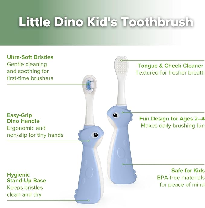 haakaa Dinosaur Toothbrush for Kids 2-4 – Soft Bristles Baby Toothbrush with Silicone Handle, Non-Slip Grip & Tongue Cleaner | BPA-Free, Fun Training for Toddlers - Blue, 1 Count