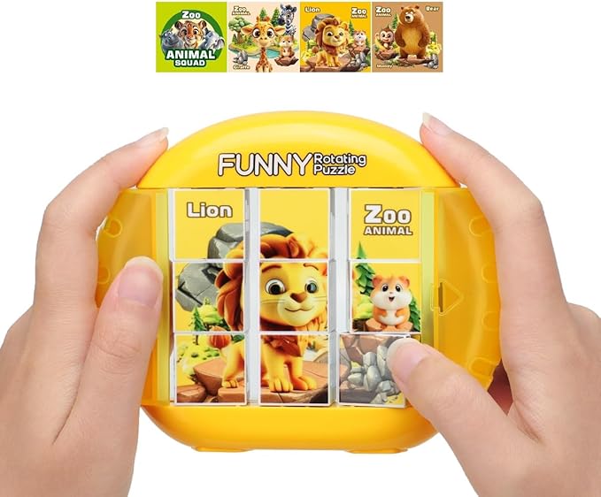 Rotating 3D Puzzle for Kids 3 4 5 6 7 Year Old, 4 Puzzles in 1, Handheld Game Fidget Toys for Travel, Cars & Plane, Fine Motor Skills Developing (Zoo Animal Squad)