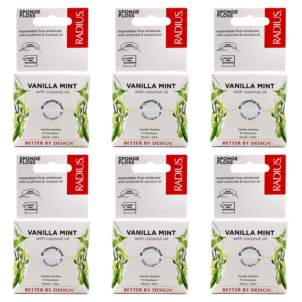 RADIUS Vanilla Mint Dental Floss 55 Yards Vegan & Non-Toxic Oral Care Boost & Designed to Help Fight Plaque Clear - Pack of 6
