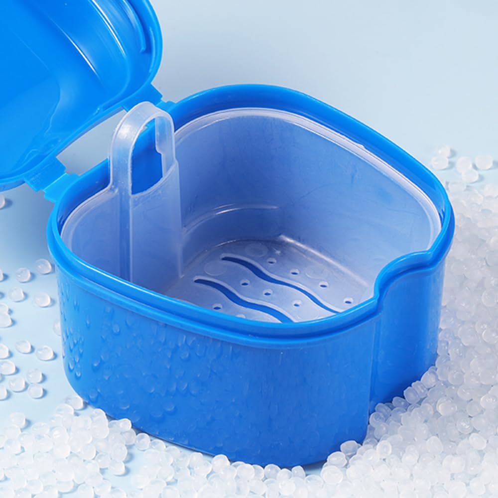 2pcs Denture Bath Retainer Case, Dentaure Cups for Soaking Dentures with Strainer Basket Tray,Compact and Pportable Design, Suitable for Traveling (Purple+Pink)