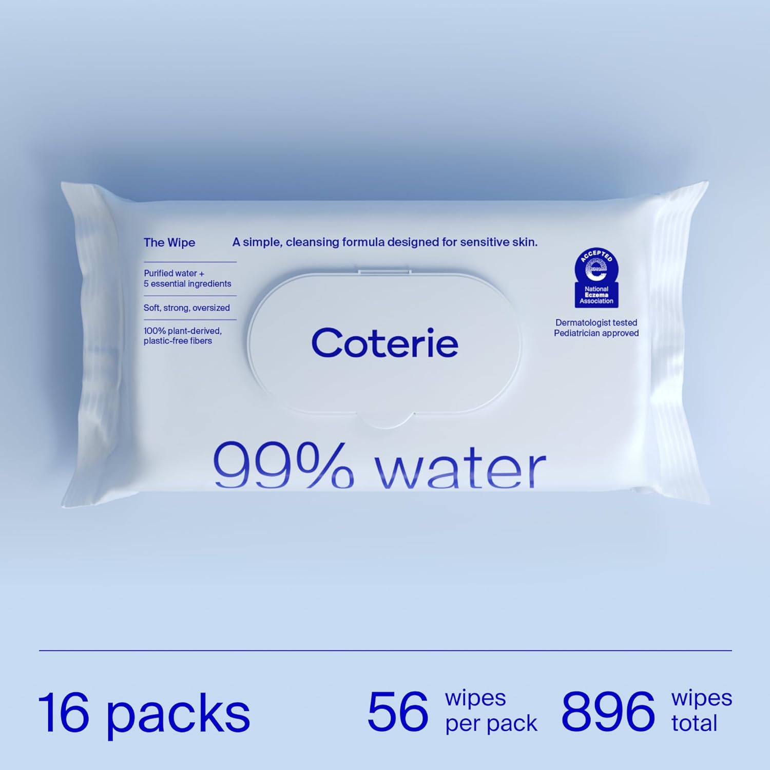 Coterie Baby Wipes for Sensitive Skin, Plant-Based and Plastic-Free Fibers, 99% Water, Hypoallergenic, pH Balanced, Unscented, Clean and Gentle Baby Essentials, 16 Pack, 896 Count