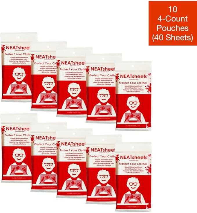 Disposable Bibs for Adults, Kids & Seniors | Adhesive Tab Napkins for Eating, Personal Use, Travel | Spill Absorbent, Stain/Liquid Repellent | Grey Dot, 10 4-Count Pouches (40 Sheets)