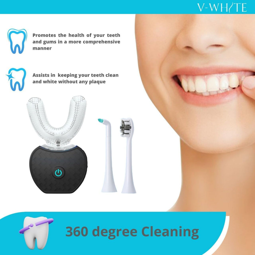 V-WHITE Ultrasonic U-Shaped Toothbrush for Teeth Whitening, Electric Toothbrush For Adults - 360° Mouth Cleansing, Hands Free Gums Protection - Wireless Charging & LED Light -Waterproof IPX7 Certified