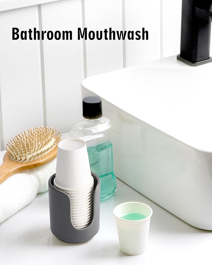 3 oz Original Ceramic Bathroom Cup Dispenser with 5 PLA Paper Cups, Bathroom Essential Accessories for Mouthwash Cup Holder (2 Pack, Grey)