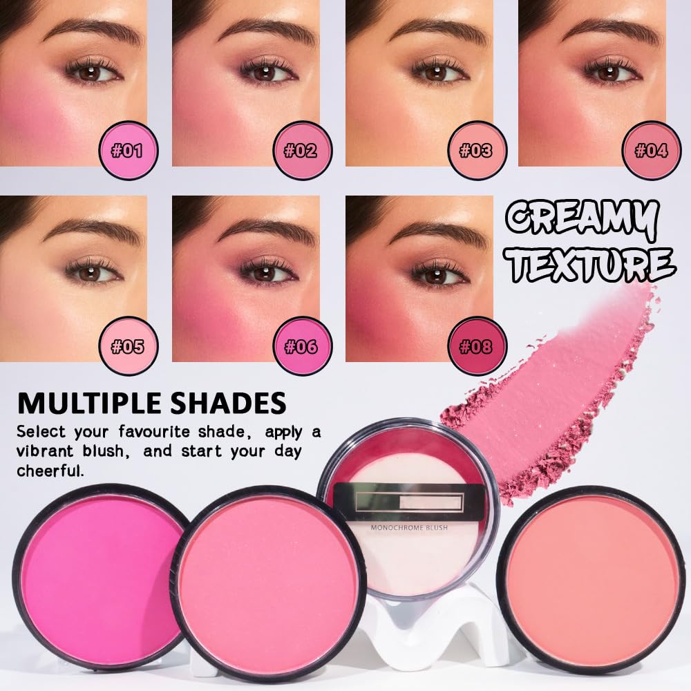 Natural Single Matte for Face Cheeks Blush with Makeup Powder Puff, Pink Red Monochrome Blush Cream Powder Makeup Palette Blushes Long-lasting Color Blendable Foundation for Women Every Day 02
