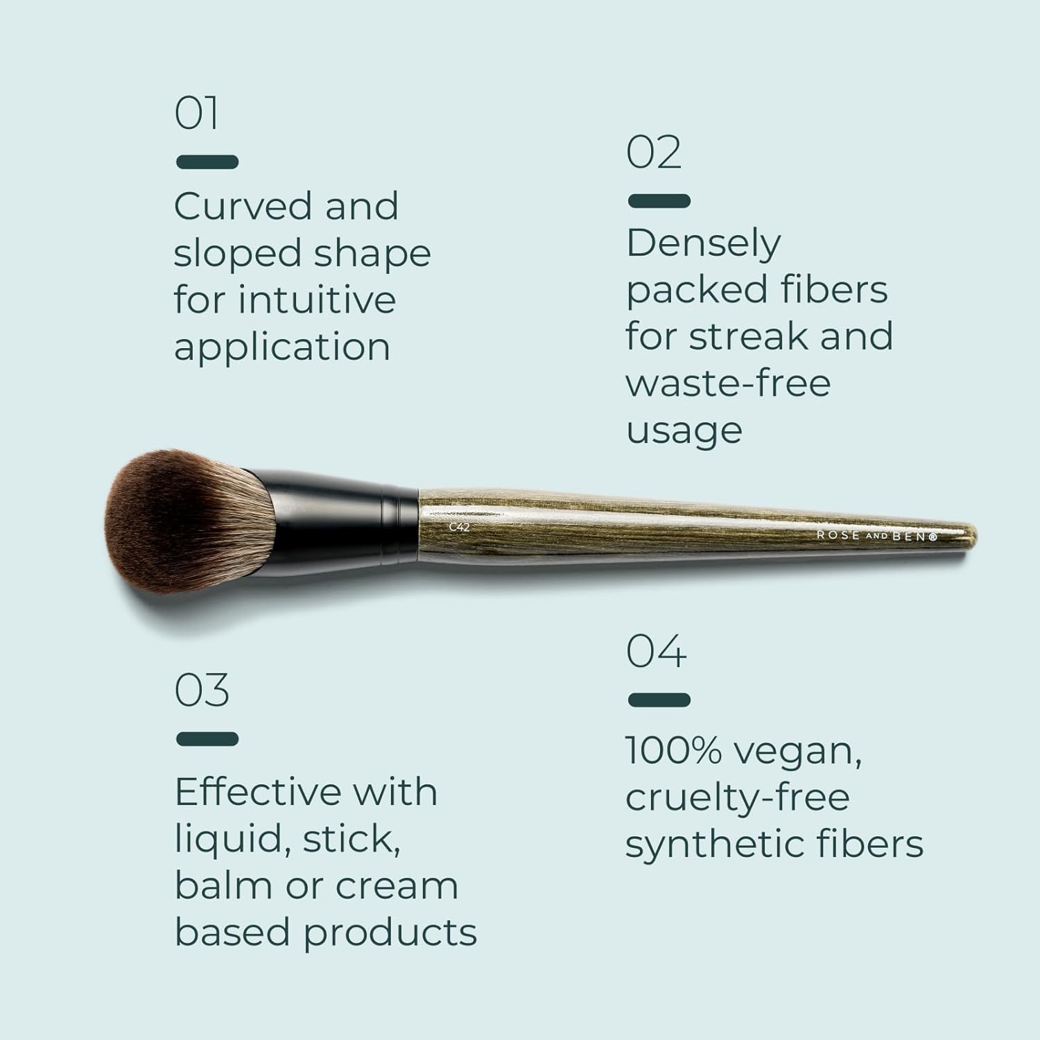 Rose and Ben Beauty Makeup Tools - C42 Foundation Brush, C41 Blush Brush and Setting Puff