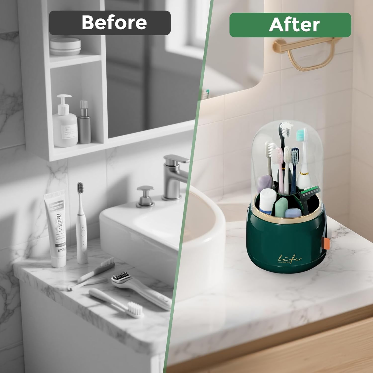 Toothbrush Holders for Bathrooms, Rotating 7 Slots Toothbrush Holder with Cover, Kids Electric Toothbrush and Toothpaste Holders for Caddy for Bathroom Vanity, Sink, Countertop, Dark Green