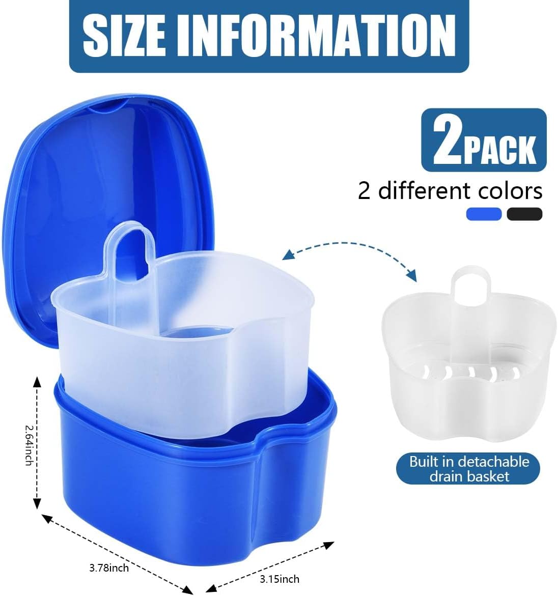 2 Pack Colors Denture Bath Case Cup Box Holder Storage Soak Container with Strainer Basket for Travel Cleaning (Blue and Black)