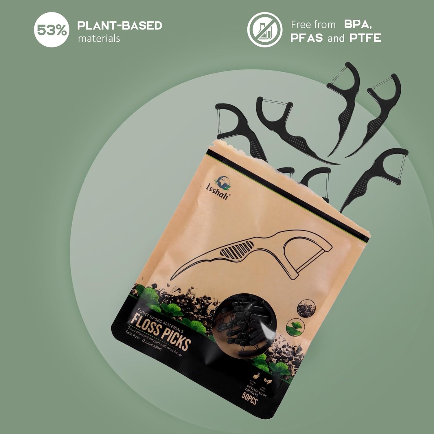 Plant Based Dental Floss Picks (300 Count) - Freshlock EcoPouch, Plant Based, Vegan, Eco Friendly, Sustainable Dental Flossers - Twin Floss (Charcoal)