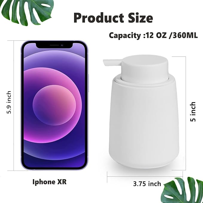 12Oz White Soap Dispenser - Modern Ceramic Lotion Hand Soap Dispenser with Easy-to-Press White Pump, Reusable and Refillable Liquid Dish Soap Dispensers for Bathroom, Kitchen (Rubber Paint)