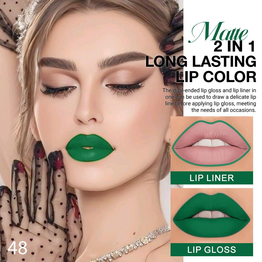 1Pcs 2 in 1 Forest Green Purple Matte Lip Liner and Liquid Lipstick Stain Makeup Set for women, Green Long Lasting Smudge Proof Lip Tint Matte Finish Lip Gloss for All-Day Color Hold Easy to Use 48#