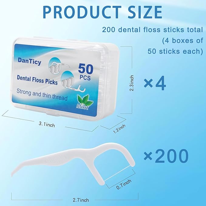 Extra Strong Dental Floss Picks | Professional Clean Flosser Picks | Toothpicks for Adults | Easy Grip Handle | Fresh Mint, 50 Count 4 Pack