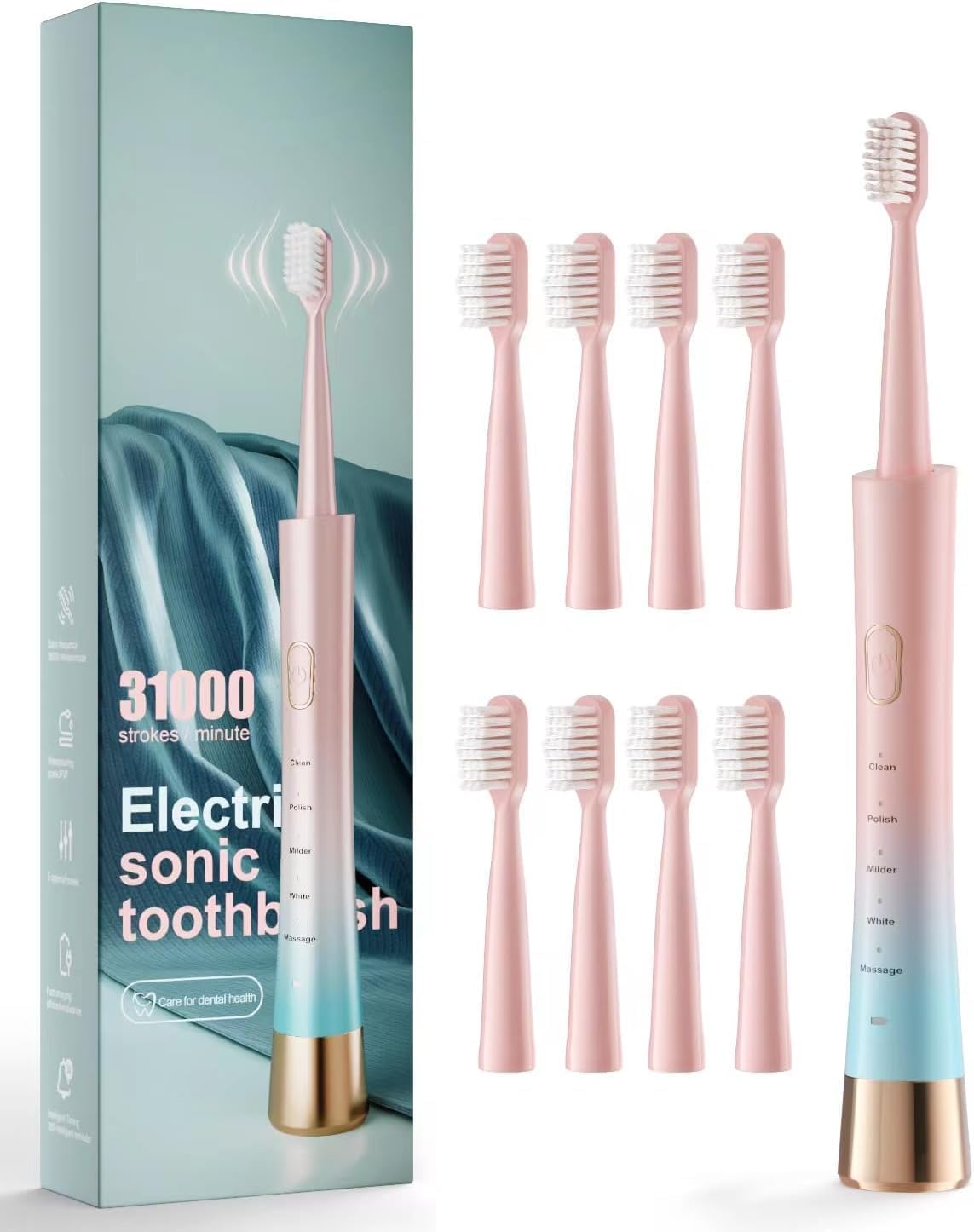 Pink & Blue Gradient Rechargeable Sonic Electric Toothbrush for Adults, 5 Modes with Smart Timer, 8 Replacement Brush Heads Soft Bristles, High Vibration, Perfect for Home, Travel, Gift