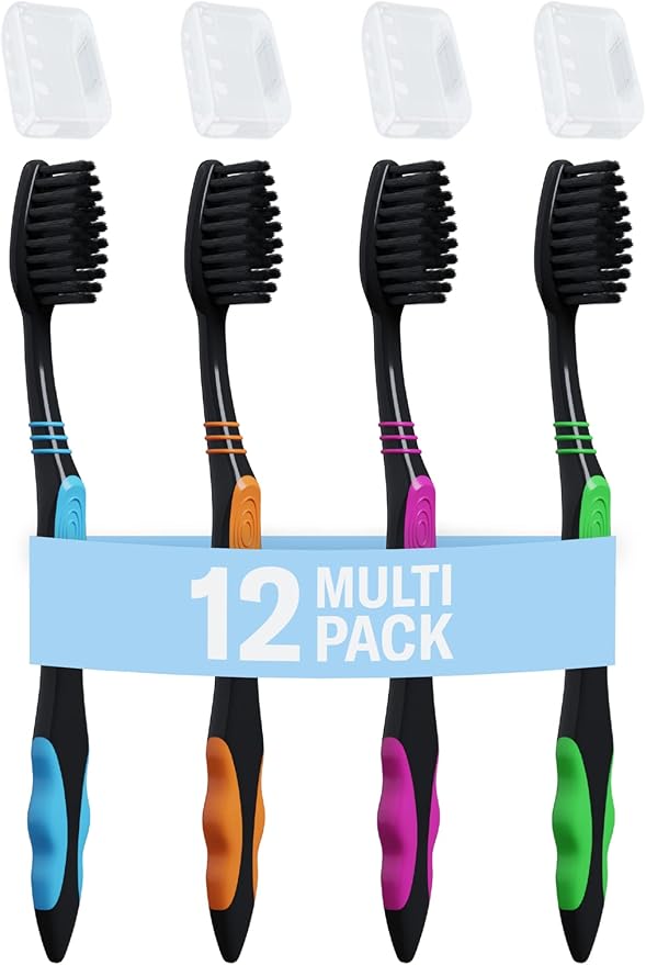 Charcoal Toothbrushes - Deep Clean Charcoal Soft Bristle Toothbrush - Multi Colored - Individually Wrapped - with Covers, for Travel, Kids, Family, Dental Care 12 Pack