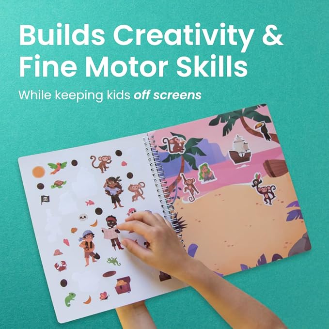 Cupkin Pirate Sticker Book Activity for Kids, Toddler Airplane Travel Essentials, 300+ Pirate Stickers for Kids + 8 Scenes + 8 Coloring Book Pages, Gift for Boys and Girls, Small Sticker Book