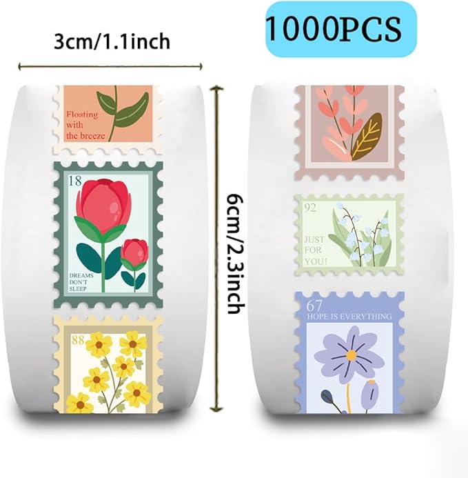 1000PCS Flower Stamp Stickers Roll for Kids, 2 Rolls 10 Styles Floral Sticker Rolls for Scrapbook, Planner, Journal, Envelope, Card Making, Gift Wrapping, Party Favors