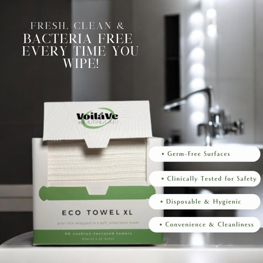 VoilaVe Disposable Face Towels -100% Cotton Biodegradable Makeup Remover Dry Wipes, Ultra Soft Lint Free Facial Cloth | Clinically Tested Eco-Friendly Towelettes For Sensitive Skin - XL 10 x 12"- 50 C
