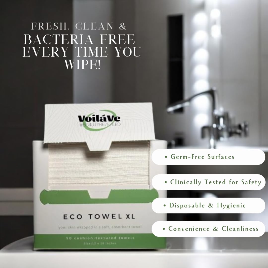 VoilaVe Disposable Face Towels -100% Cotton Biodegradable Makeup Remover Dry Wipes, Ultra Soft Lint Free Facial Cloth | Clinically Tested Eco-Friendly Towelettes For Sensitive Skin - XL 10 x 12"- 50 C