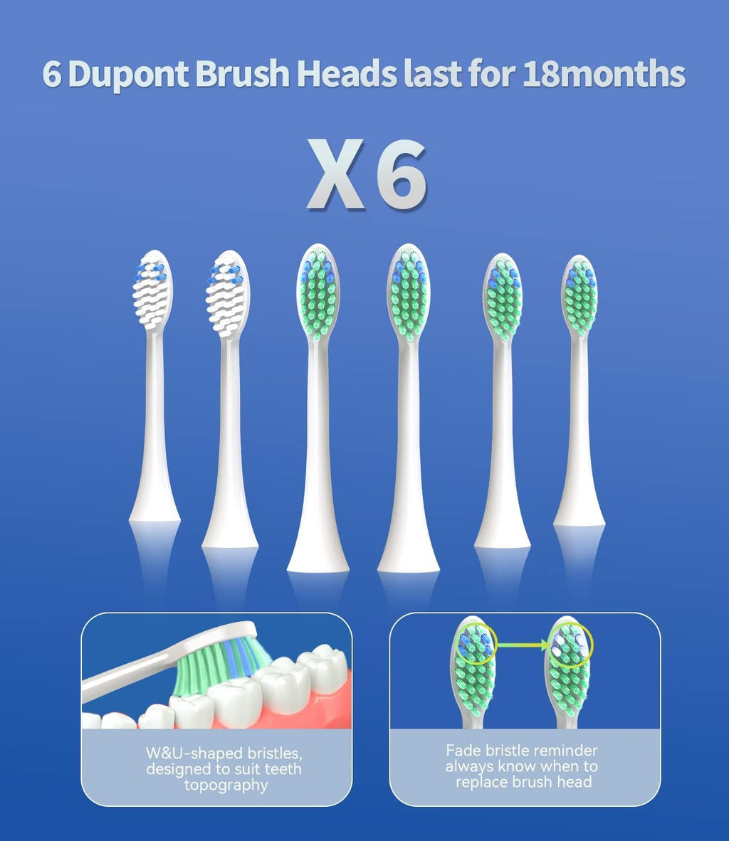 BAOVERI Electric Toothbrush with 6 Dupont Brush Heads, Rechargeable Ultrasonic Electric Toothbrushes, IPX7 Waterproof, 5 Modes, 2 Minutes Smart Timer, 4 Hours Fast Charge for 60 Days