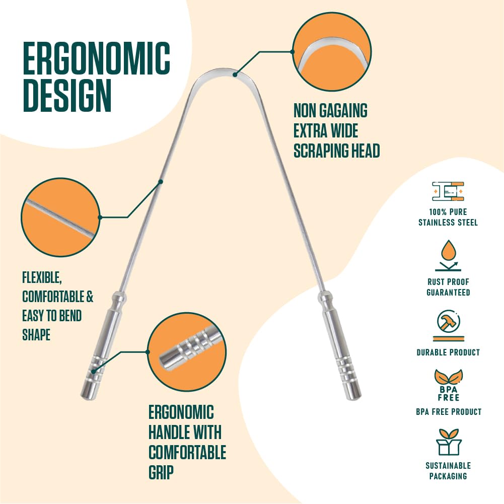 Dalip Tongue Scraper for Adults with Ergonomic Non-Slip Handle, Stainless Steel Tongue Cleaner, Reduces Bad Breath, Easy to Use Oral Care & Hygiene Tongue Scrubber (Pack of 2)