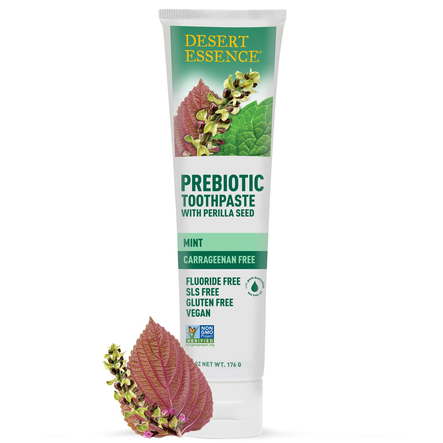 Desert Essence Prebiotic Plant-Based Whitening Toothpaste - Mint - Oral Care with Inulin, Perilla Seed & Aloe - Vegan, Fluoride Free, Non-GMO, Gluten-Free, Cruelty-Free - 6.25 oz