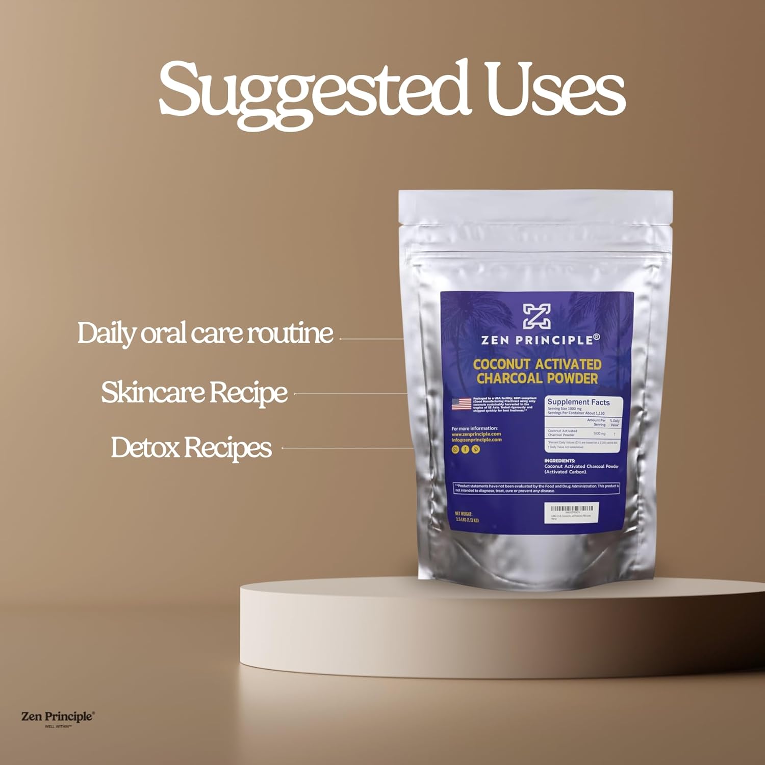 Zen Principle Coconut Activated Charcoal Powder. Whitens Teeth, Rejuvenates Skin and Hair, Supports Better Digestion. USA-Owned Producers, 2.5 lb