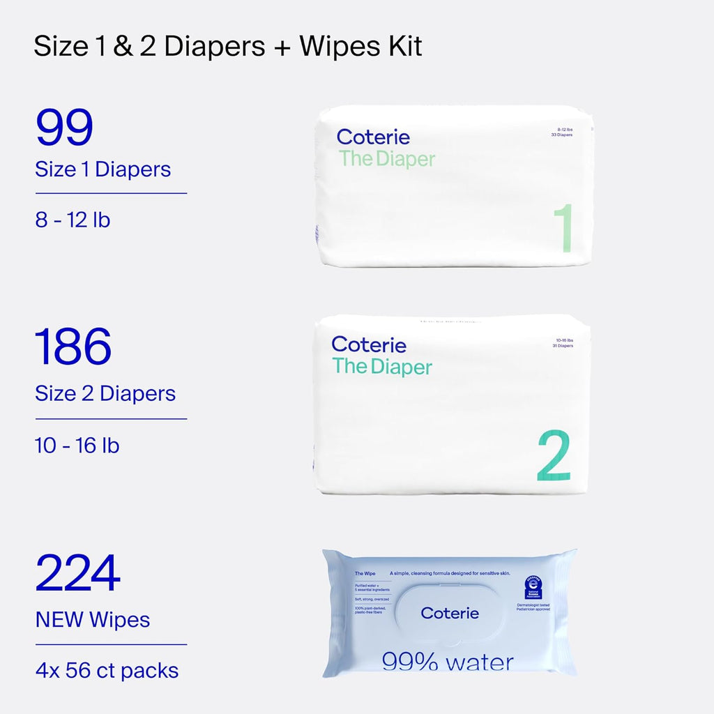 Coterie Baby Wipes + Diapers Kit, Size 1 (99 Count) & Size 2 Diapers (186 Count), 4 Pack (224) Baby Wipes with 99% Water, Plant Based Materials, Hypoallergenic for Sensitive Skin
