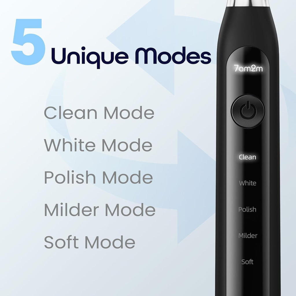 7AM2M Sonic Electric Toothbrush for Adults High Power Rechargeable Toothbrushes with 6 Brush Heads,5 Adjustable Modes, Built-in 2-Minute Smart Timer,3 Hours Fast Charge for 45Days Black