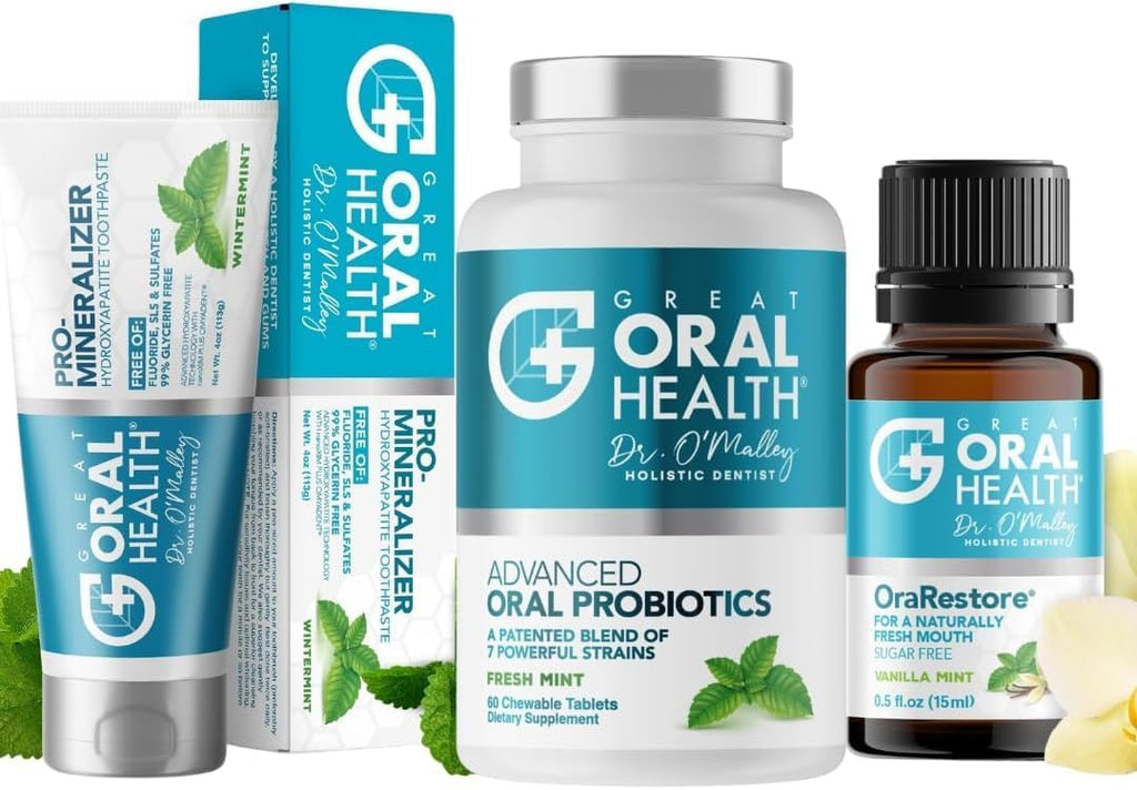 Great Oral Health Dentist Formulated Trio Bundle - Remineralizer Nano-Hydroxyapatite Wintermint Toothpaste - Mint Oral Probiotics for a Healthy microbiome- OraRestore Oral Health Essential Oil Blend