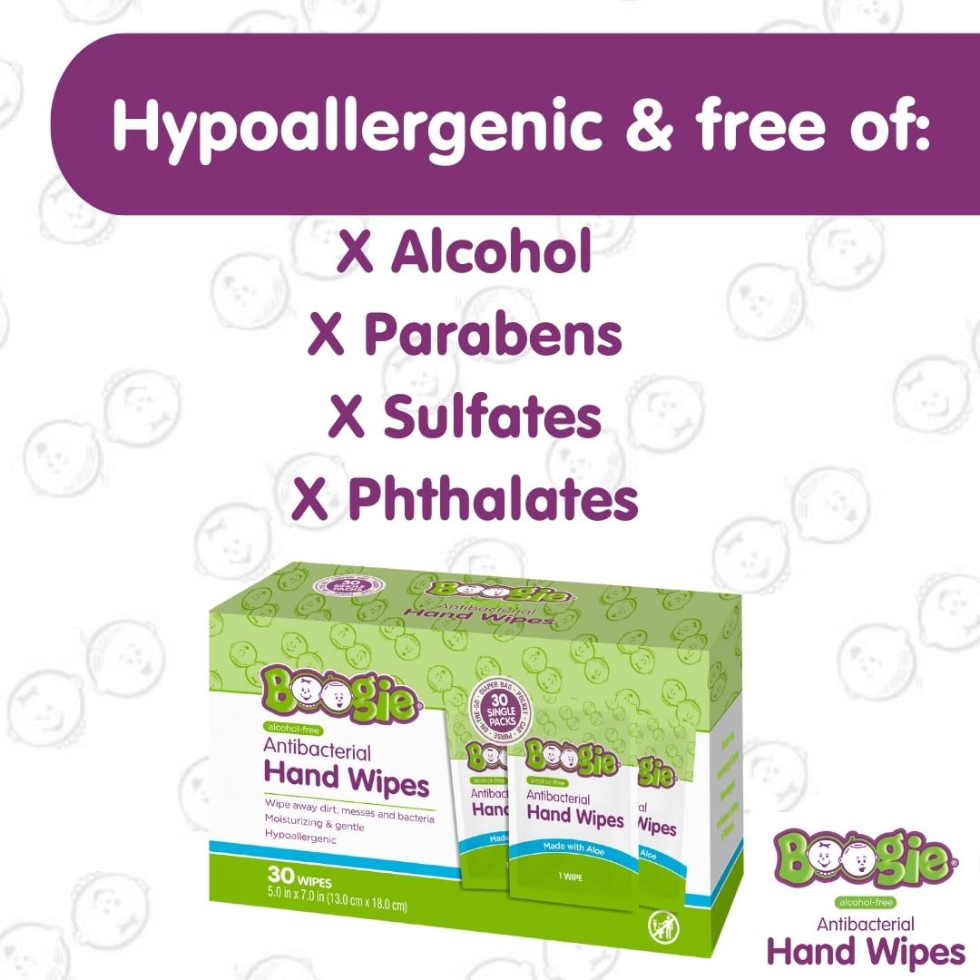 Antibacterial Hand Wipes by Boogie, Alcohol Free, Hypoallergenic and Moisturizing Aloe, Hand Wipes for Kids and Adults, Single Packs, 30 Wipes (Pack of 3)