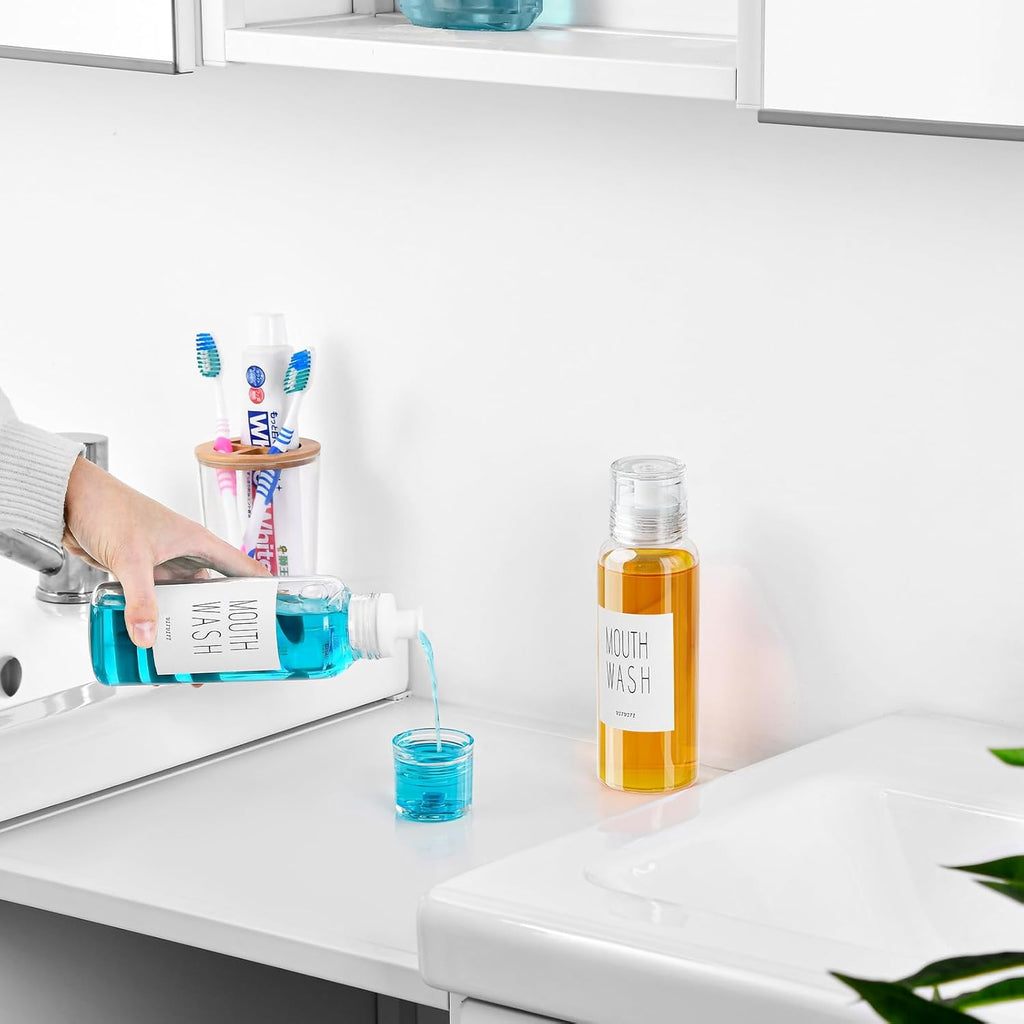 VITVITI Glass Mouthwash Dispenser for Bathroom, 10 OZ Mouth Wash Container Bottle with Lid Cup, Countertop Small Clear Refillable Mouthwash Dispensers Decanter, Set of 2 (White)