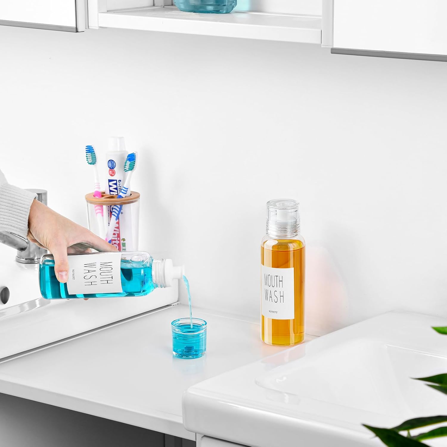 VITVITI Glass Mouthwash Dispenser for Bathroom, 10 OZ Mouth Wash Container Bottle with Lid Cup, Countertop Small Clear Refillable Mouthwash Dispensers Decanter (White)