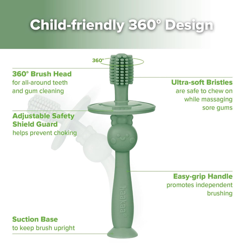 haakaa 360° Baby Toothbrush with Suction Base - Gentle Cleaning for Toddler's Self-Brushing Training, Food-Grade Silicone, Adjustable Safety Shield - Jade (1 Piece)