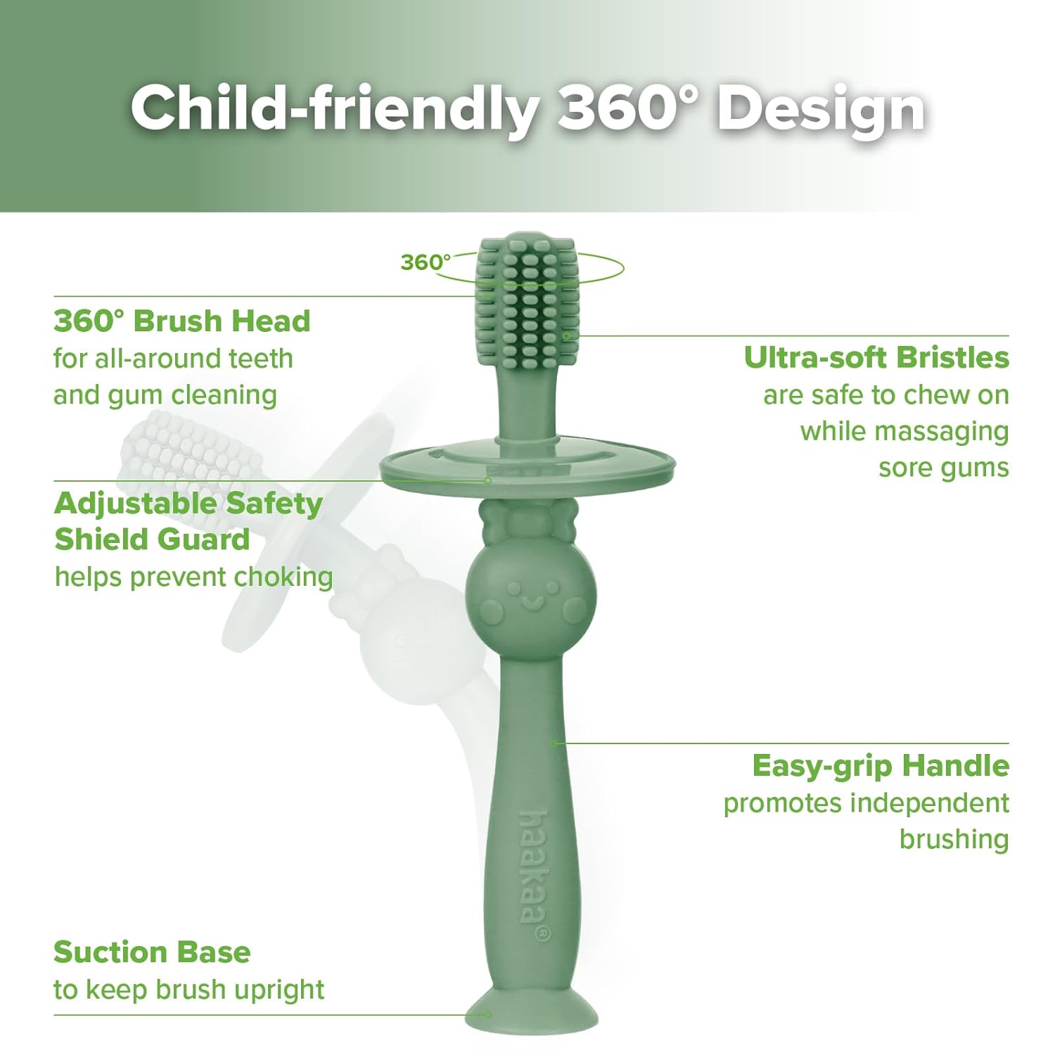 haakaa 360° Baby Toothbrush with Suction Base - Gentle Cleaning for Toddler's Self-Brushing Training, Food-Grade Silicone, Adjustable Safety Shield - Jade (1 Piece)