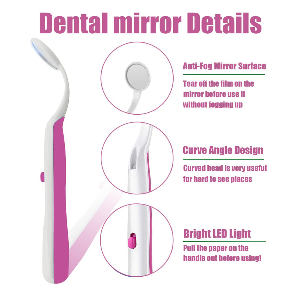 2 Pcs Dental Mirror with Light Tool LED Lighted Teeth Inspection Mirror Anti Fog Curve Angle Dentist Oral Care Tool (Red)