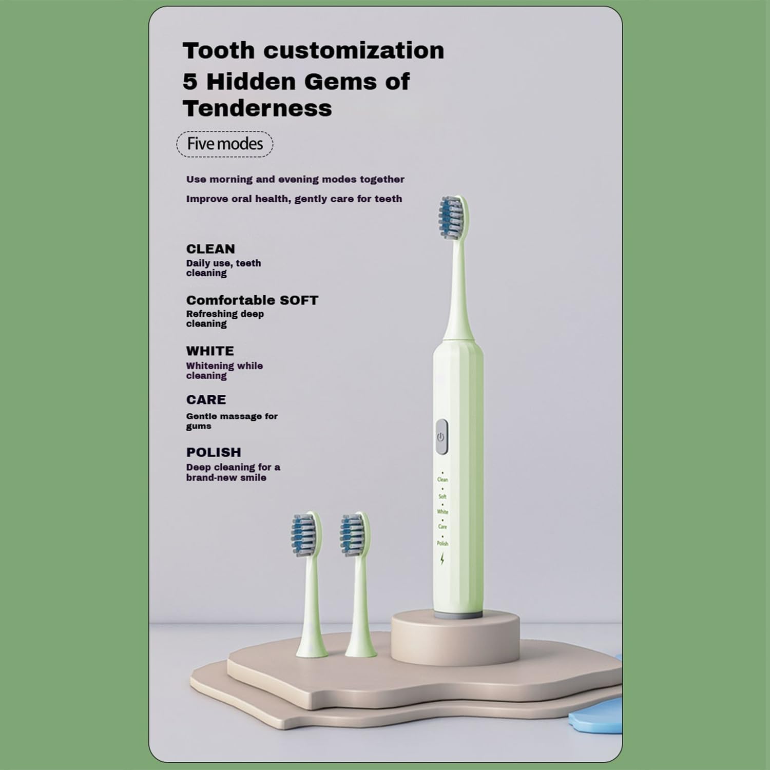 Electric Toothbrush for Adults, 5 Modes USB Rechargeable with 2 Extra Brush Heads, 66000 RPM Sonic Toothbrush with 2-Minute Timer, IPX7 Waterproof, Soft Bristles (Green)